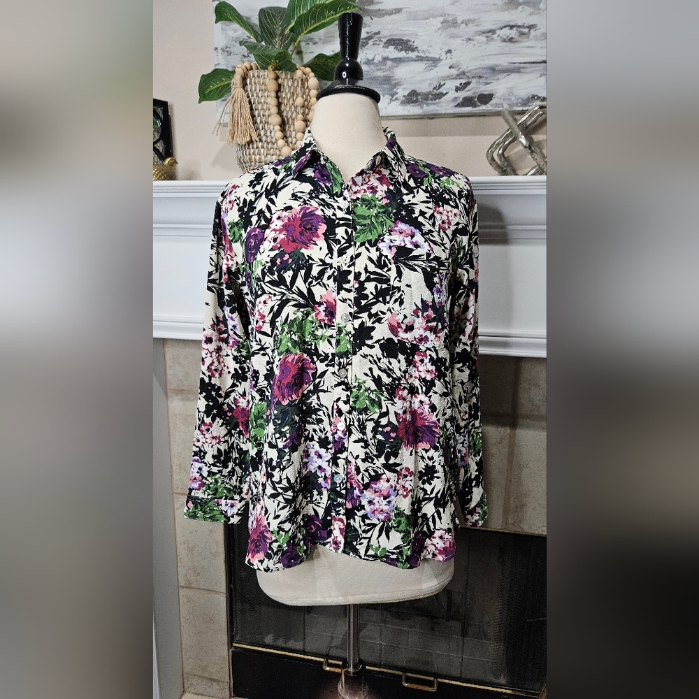 J. Jill Floral Button Down Shirt Black, Green, Purple Size Small